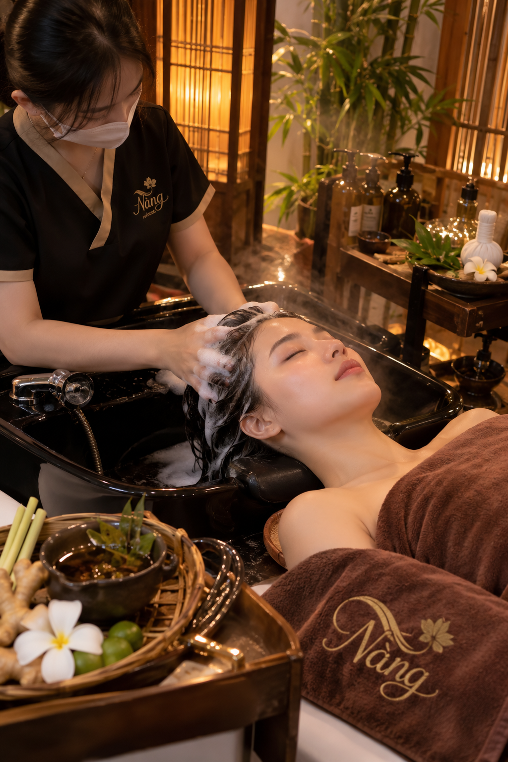 Chăm sóc tóc và gội đầu thư giãn tại Nàng trong không gian ánh sáng ấm áp